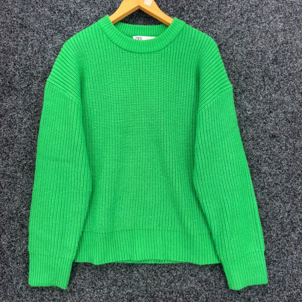 Zara Green Ribbed Knit Crewneck Sweater Wool Blend Mens Large L